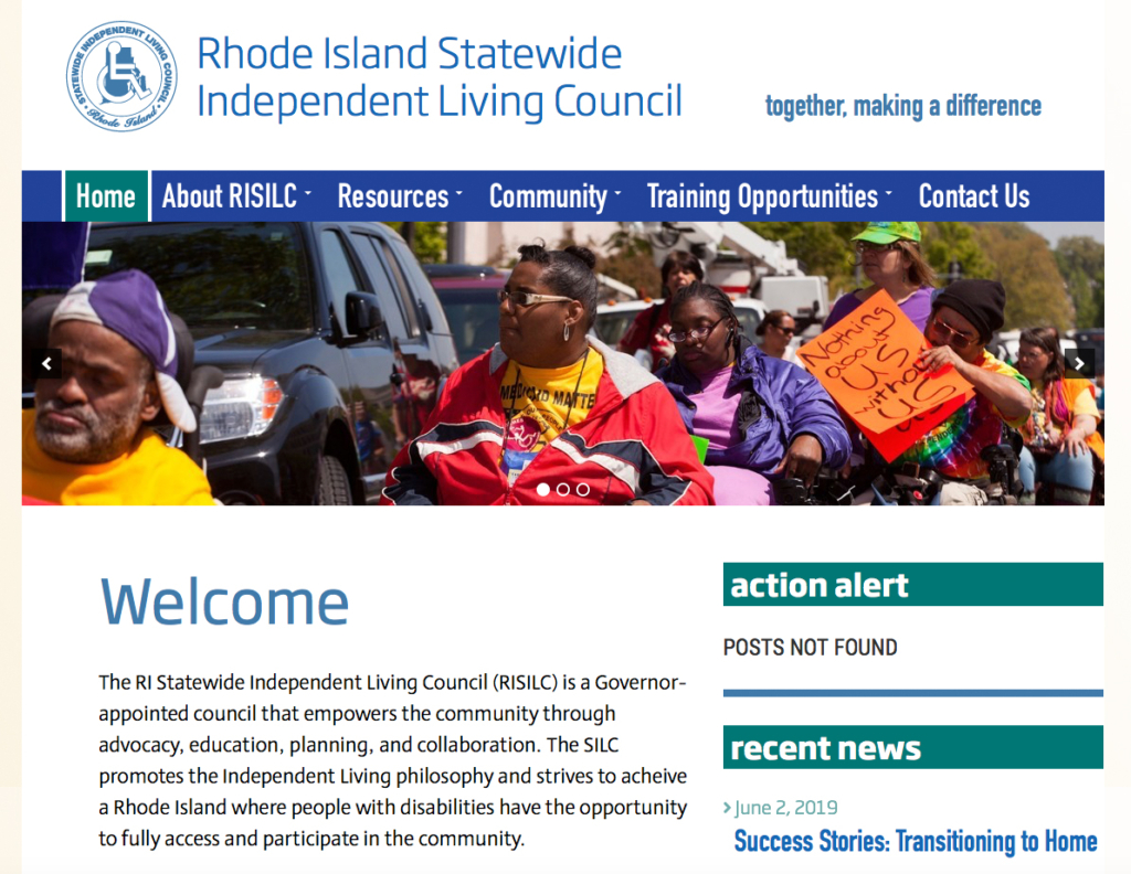a screenshot of a custom web design for the RI Statewide Independent Living Council showing the home page with a hero image of people advocating and bold, blocked headings