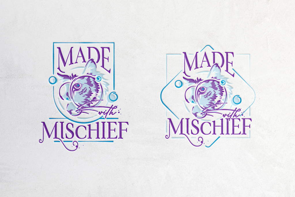 an image showing both the rectangular and square variations of the Made with Mischief logo, which feature a stylized tiger face refracted through bubbles in shades of purple, cobalt blue, and light blue