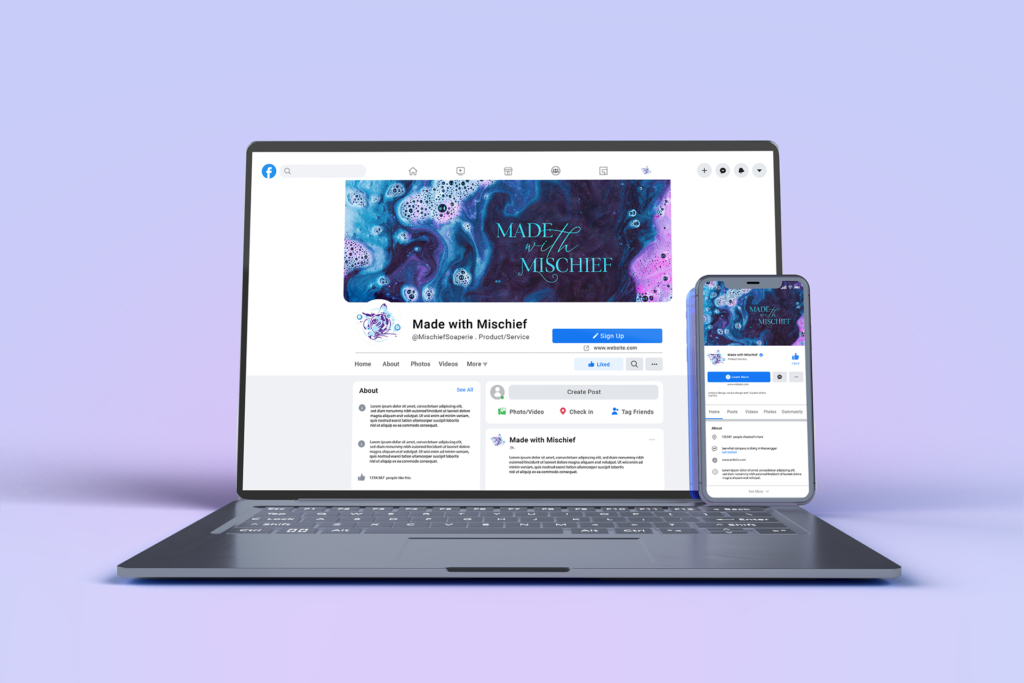 an image of a slim laptop and smartphone on a lavender background. both screens show a mockup of the Made with Mischief facebook page featuring a round logo and cover image with the text-only logo in turquoise on a background of soap bubbles in dark blue, turquoise, and vibrant purple