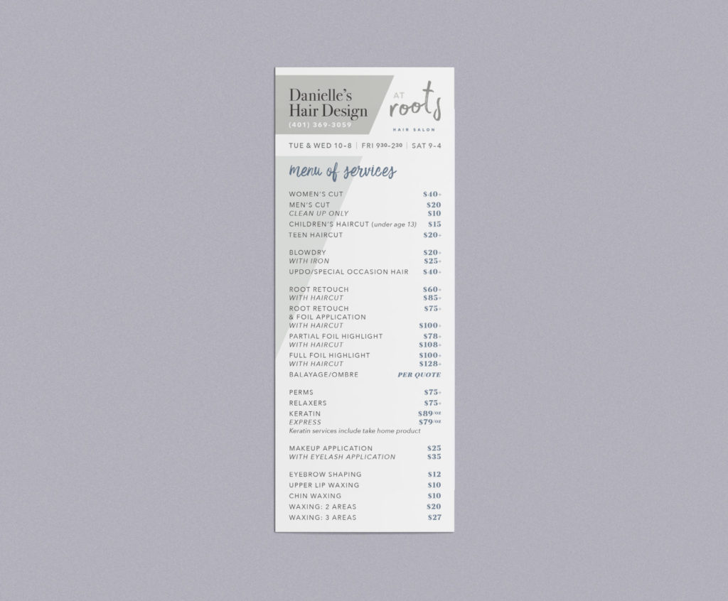 a tall vertical white card is printed with the stylist information and a list of services and prices. The card is placed in the center of a lilac-gray background.