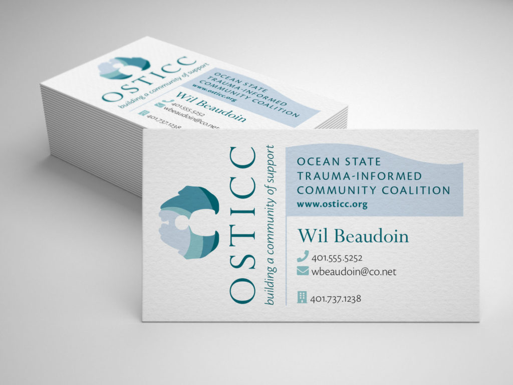 One white business card is propped up against the corner of a stack of the same cards. The card features the OSTICC logo orientied parallel to the short size of the card while the rest of the text and an abstract wave graphic are oriented horizontally.