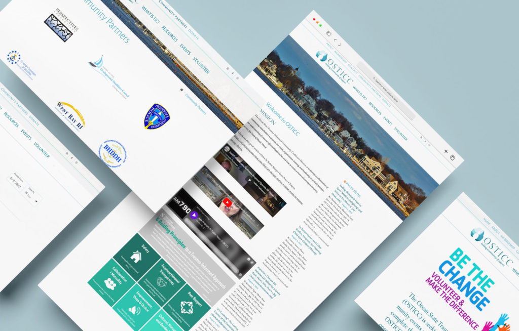 multiple page views from the OSTICC website are arranged diagonally on a pale blue background