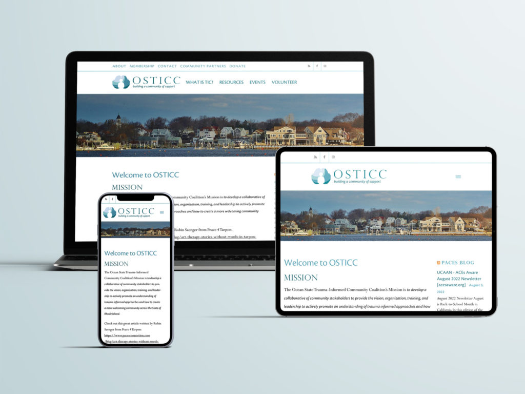 A laptop, tablet, and smartphone are arranged standing up on a bale aqua background. Each device features the OSTICC website optimized for that display size.