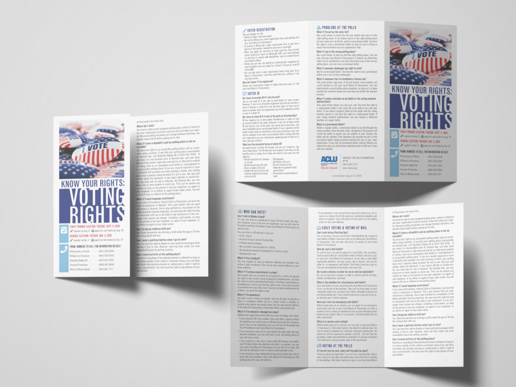 A trifold brochure is laid out open on the right so that both the front and back sides are shown. On the left the brocure is shown partially open so that you can see the front and inside flap. The brochure is white with an image of an 'I Voted' button above some blue, black, and red text.