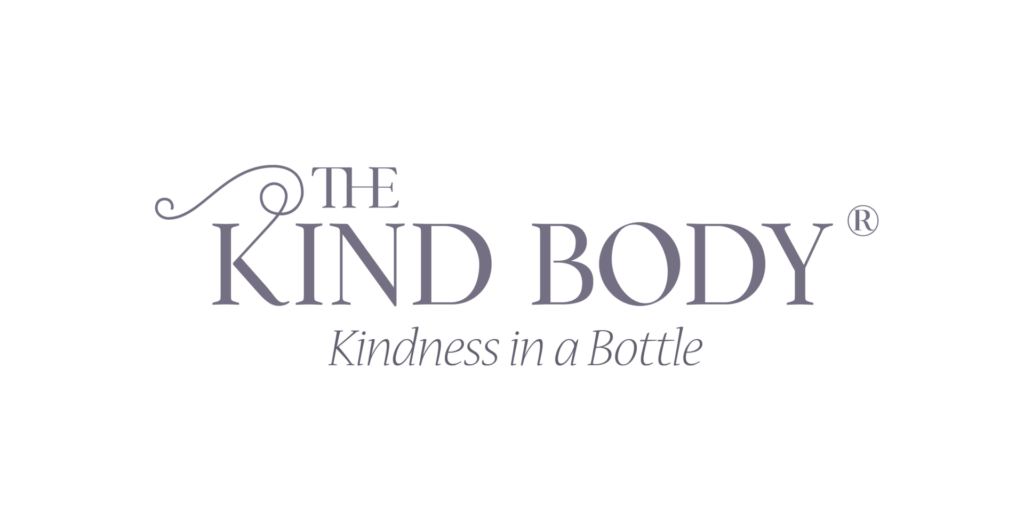A minimal web banner logo featuring 'The Kind Body' in a soothing gray print with the subtitle 'Kindness in a Bottle'