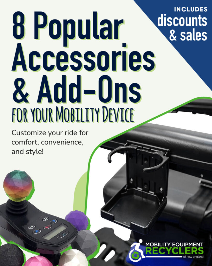a social media post image that reads: 8 Popular Accessories & Add-Ons for your Mobility Device. I features a cropped image of a wheelchair cup holder and a knocked-out image of custom joystick knobs on a pale green background.