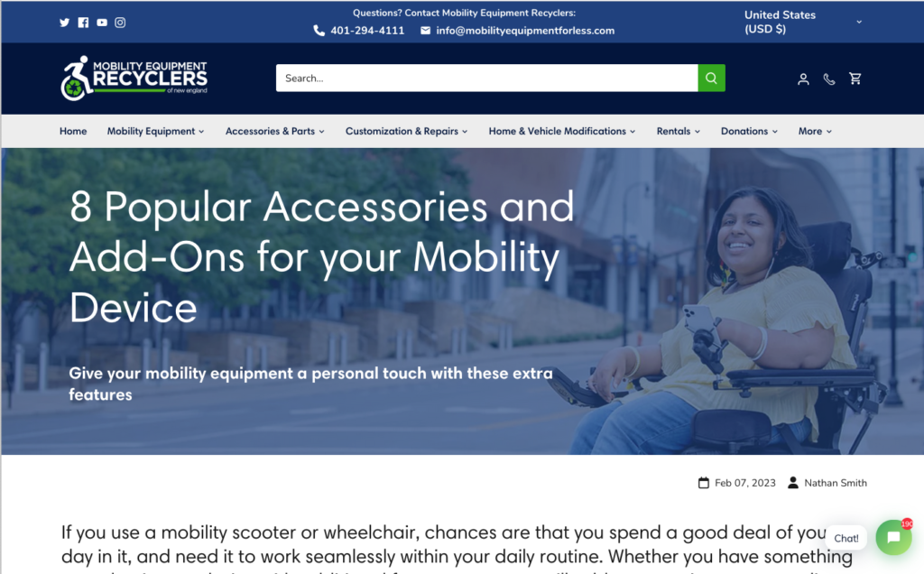 a screenshot of the Mobility Equipment Recyclers blog featuring a hero image of a woman in a wheelchair behind a semi-transparent blue background with the title '8 Popular Accessories and Add-Ons for your Mobility Device'