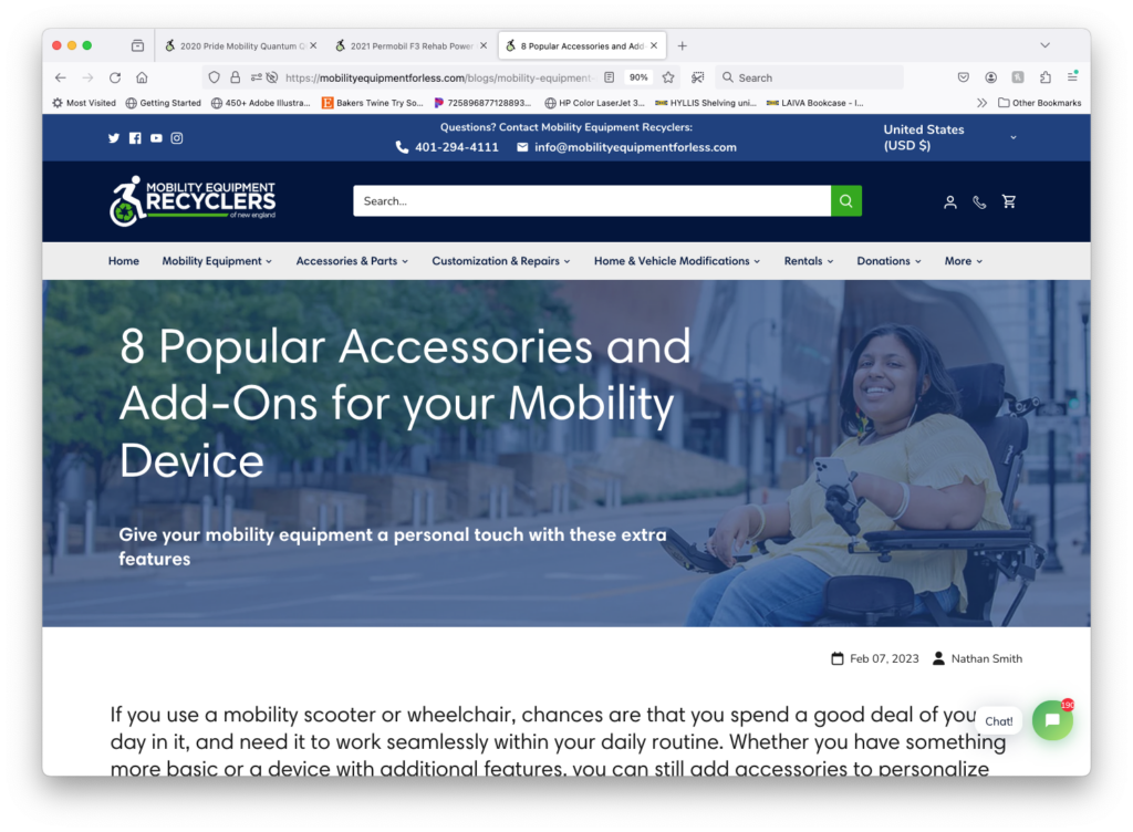 a screenshot of the Mobility Equipment Recyclers blog featuring a hero image of a woman in a wheelchair behind a semi-transparent blue background with the title '8 Popular Accessories and Add-Ons for your Mobility Device'