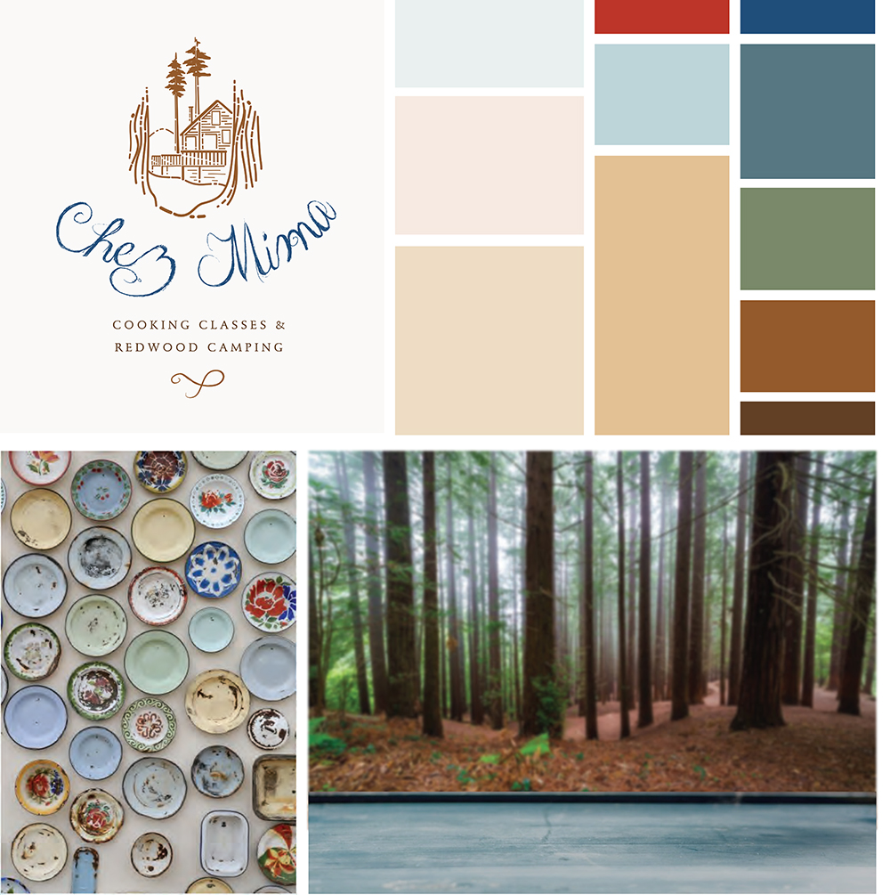 an image showing the color story for Chez Mima, including the logo, color palette, stock imagery, and social banner