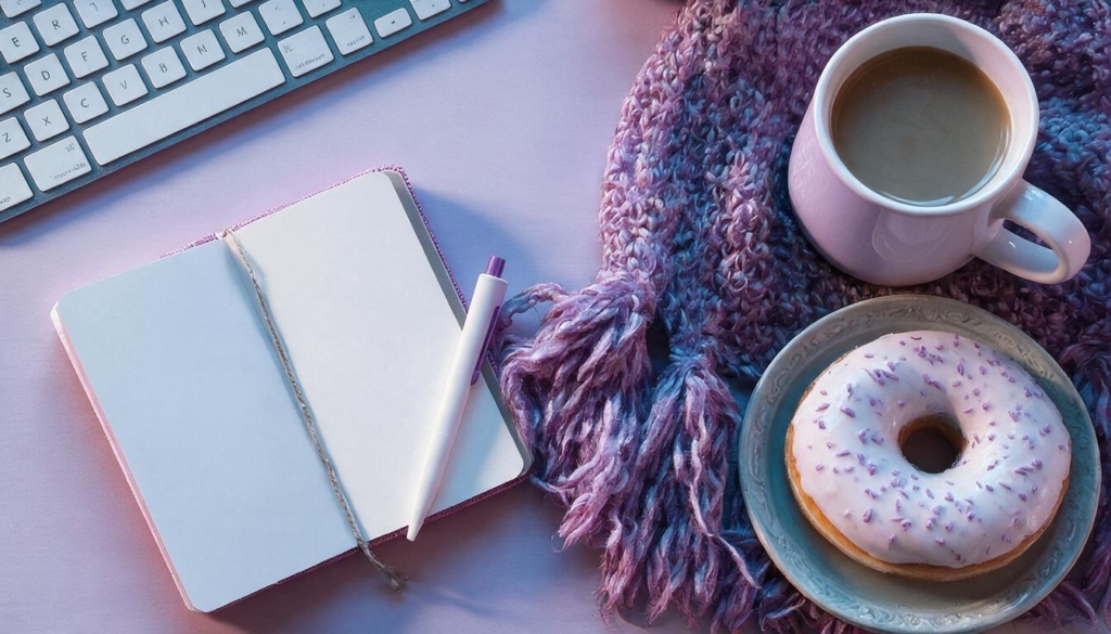 A white porcelain mug of coffee and a doughnut with purple sprinkles sit on top of a plum colored scarf on a lavender surface. A small notebook is flipped open with a white stick pen sitting on the blank page, and a silver computer keyboard is placed in the top left corner. The entire scene is viewed from above.
